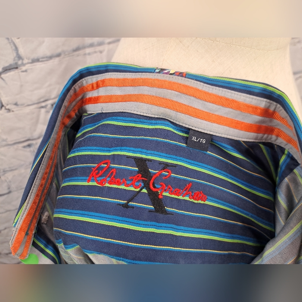 Robert Graham Mens Button Down Shirt Green Blue Striped Flip Cuff Classic Fit XL - Picture 13 of 16
